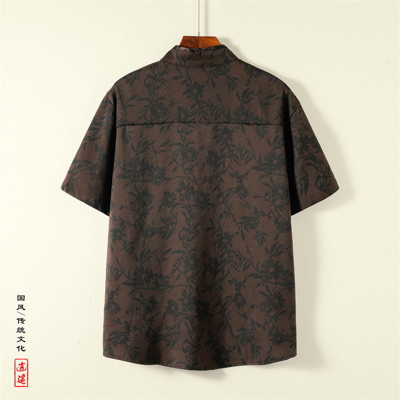 新中式E盘扣短袖衬衫男汉服唐装中山装树叶印花外套CS61-P68控88,男装T恤,电商A005