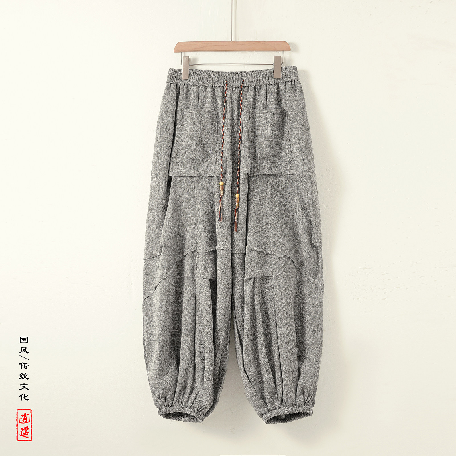 新中式暗黑V冰丝垂感折褶小众设计宽松阔腿裤男K227-P70控88图片