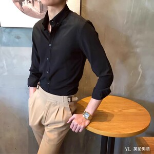 2023新款英伦雅痞男士修身免烫长袖衬衫商务休闲新伴郎兄弟服衬衣