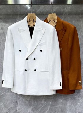 高级感戗驳领双排扣白色亚麻西装外套男士休闲痞帅高端单西服薄款