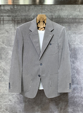 英伦风高级感黑白条纹修身小西装外套男士休闲痞帅高端单西服薄款