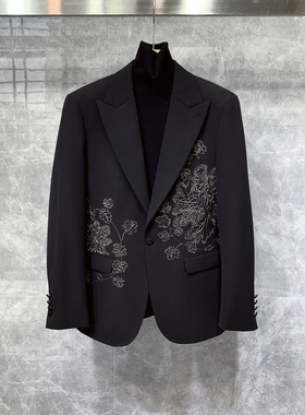 英伦高级感戗驳领刺绣小西装外套男士商务休闲痞帅高端单西服上衣
