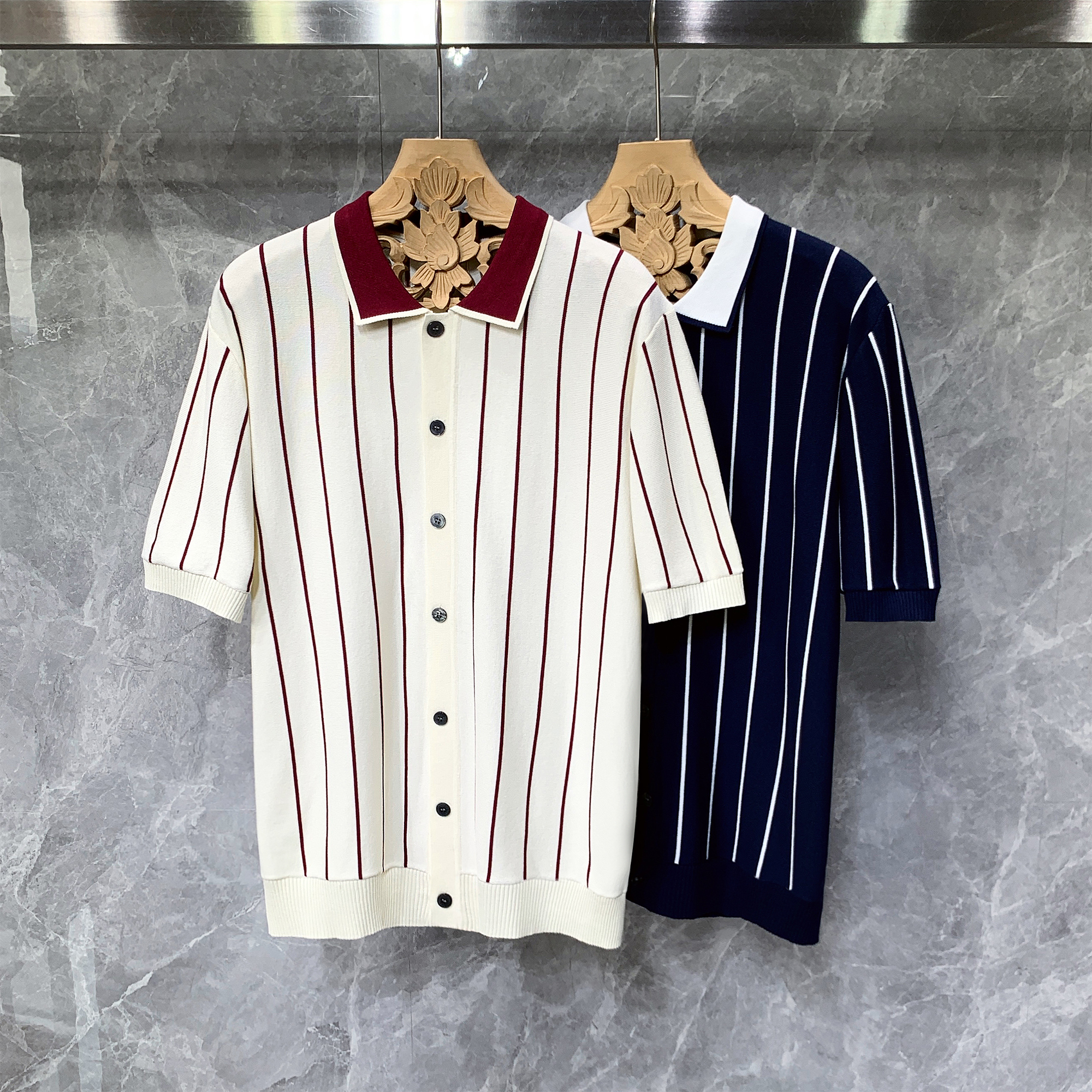 英伦轻熟撞色条纹冰丝短袖polo衫