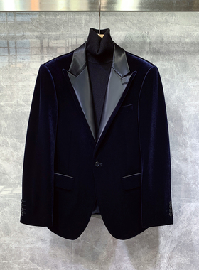 冬季新款戗驳领修身天鹅平绒西装外套男士休闲正装痞帅单西服上衣