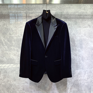 冬季新款戗驳领修身天鹅平绒西装外套男士休闲正装痞帅单西服上衣