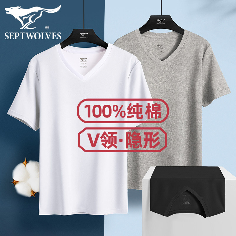 七匹狼男士短袖T恤V领半袖体恤高弹纯棉汗衫春夏季打底衫全棉上衣