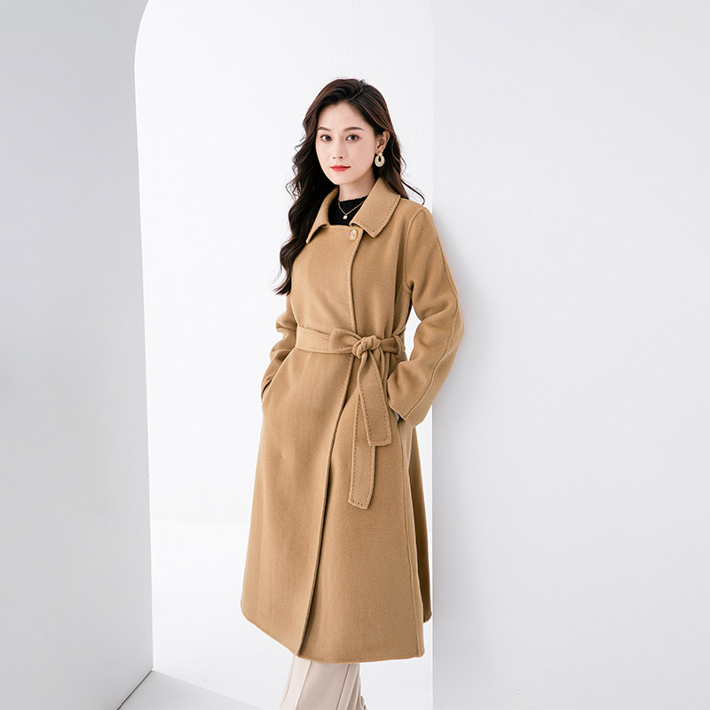 秋冬新款双面羊绒大衣女中长款过膝小方领系带纯色羊毛呢风衣外套