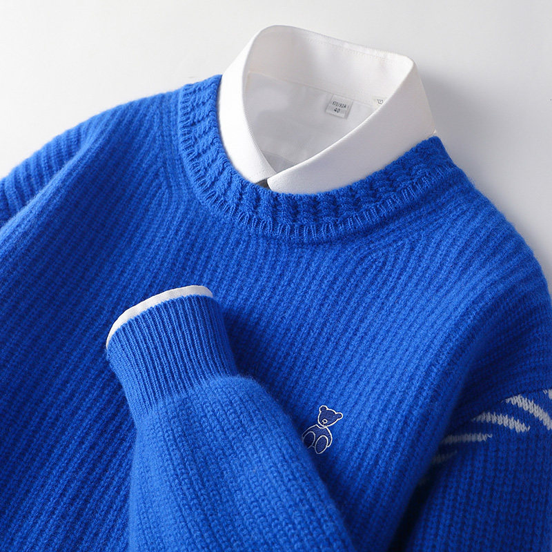 100%纯羊毛衫男圆领元宝针加厚毛衣青年提花小熊图案针织打底衫潮