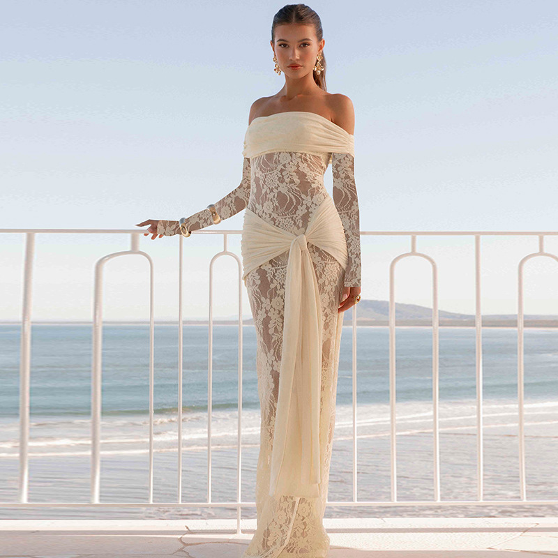 欧美风晚礼服一字肩蕾丝长袖