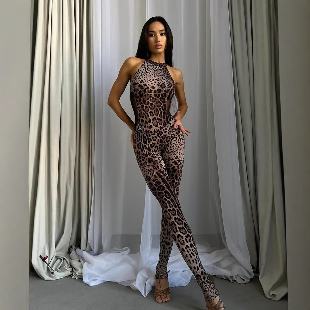 夜店酒吧装豹纹印花连体衣