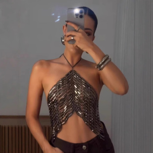 Outfitgirl个性特别音乐节手工宝石夜店辣妹性感金属链条小背心女