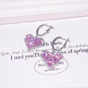 新中式设计粉色水晶锆石爱心银针耳扣耳环甜美气质百搭可爱耳钉女