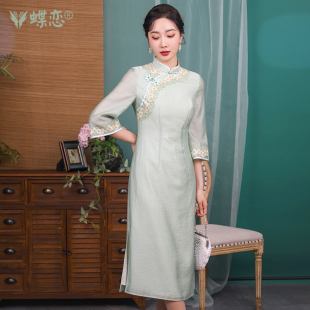 蝶恋桃花溪 春秋提花复古改良旗袍蕾丝边宽松崔万志旗袍女连衣裙