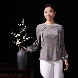 蝶恋真丝乔绒圆领长袖 上衣 宽松上衣崔万志国风桑蚕丝手工花扣唐装