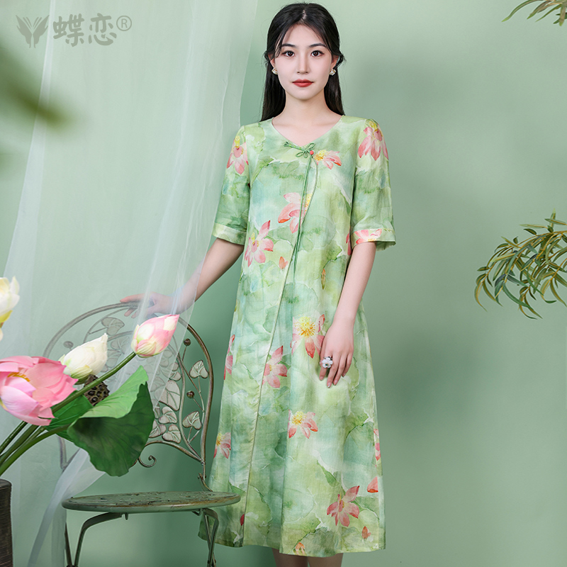 蝶恋天丝麻宽松旗袍裙