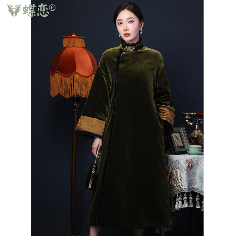 蝶恋金丝绒复古中式长袍棉衣