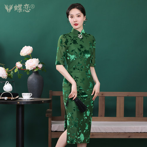 蝶恋改良烂花绒旗袍裙
