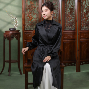 蝶恋素绉缎香云纱中长款 真丝翻领外套崔万志宽松系带复古风衣