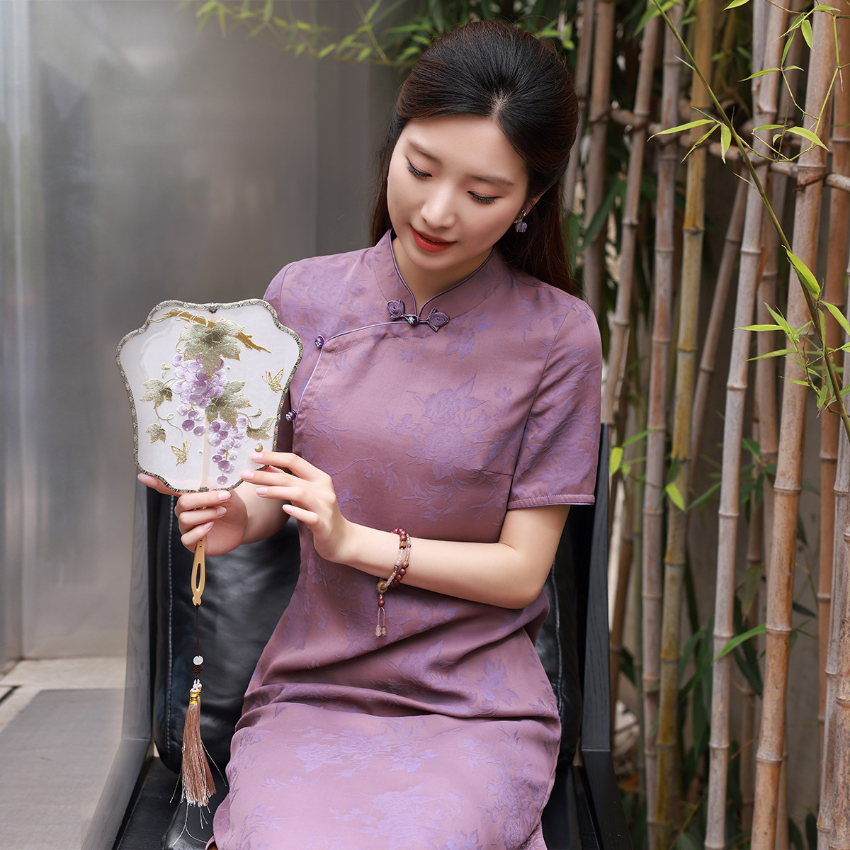 蝶恋花罗香云纱短袖旗袍裙