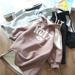 潮 女童长款一体绒卫衣裙 韩版儿童宝宝加厚连帽卫衣2025秋冬新款