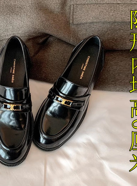 真皮4CM萄妈同款尖头C金扣女单鞋内增高乐福鞋加绒小皮鞋