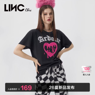 LINCCHIC金羽杰短袖 女T恤夏S228TS783 t恤女复古甜酷印花图案短袖
