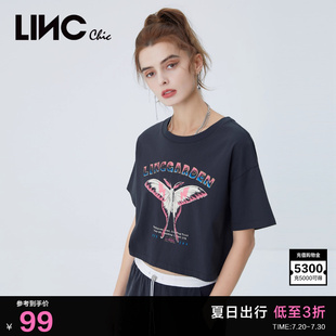 女T恤夏S228FK366 LINCCHIC金羽杰t恤女上衣蝴蝶印花圆领休闲短袖