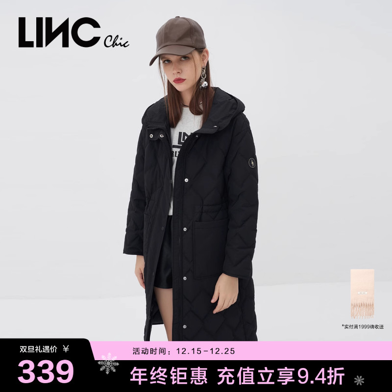 新款风衣感连帽简约长款羽绒服女