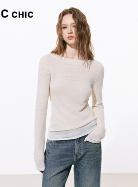 LINCCHIC金羽杰2026年春季新品一字领斜裁修身针织衫女S261SW034Y
