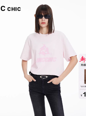 LINCCHIC金羽杰短袖上衣女圆领宽松廓形印花大T恤女S241TS034Y