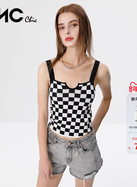 LINCCHIC金羽杰U领针织吊带棋盘格纹吊带背心女上衣S222SW629