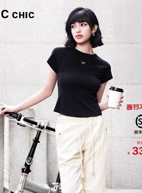 LINC金羽杰2025年夏季新款短袖简约圆领半袖黑色T恤女上衣FK301Y