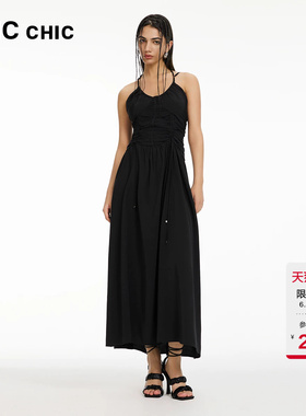 LINC金羽杰V领吊带连衣裙女浪漫长裙绑带法式连衣裙子293Y