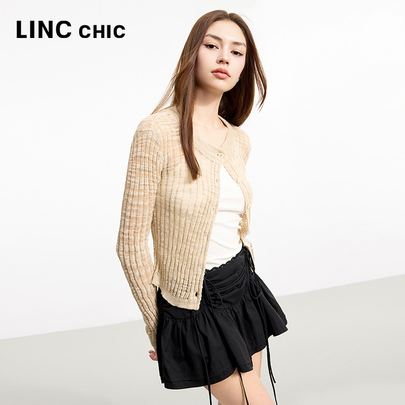LINC金羽杰2025年夏季新款肌理感亚麻混纺针织衫外套女淡人CR368Y