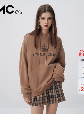 LINCCHIC金羽杰卫衣女春秋款复古学院风宽松连帽卫衣女S223HD665