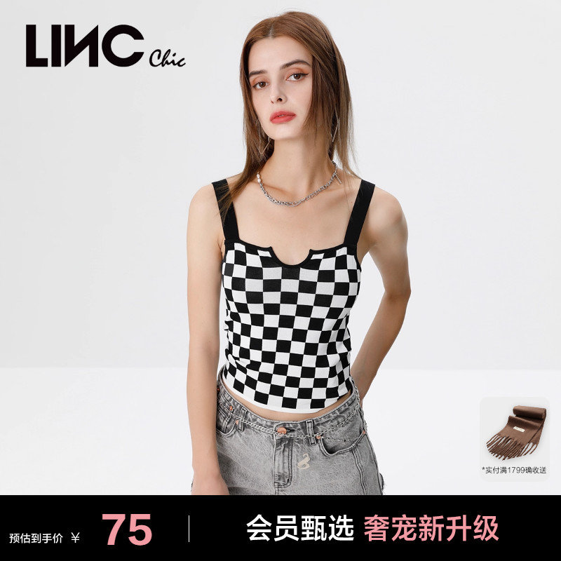 棋盘格纹针织吊带背心