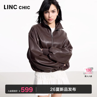 LINC金羽杰咖啡色皮衣外套女新款 复古感宽松夹克外套上衣JK032Y