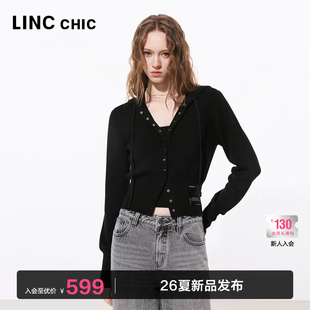 新品 女短款 美式 纽扣开衫 毛衣025Y 连帽短款 LINC金羽杰2026年春季