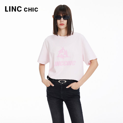 LINCCHIC金羽杰时装24年春夏新品圆领廓形印花大T恤女S241TS034Y