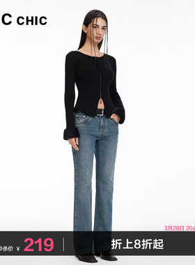 LINCCHIC金羽杰裤子女款中高腰弹力复古微喇牛仔裤女S241JE143Y