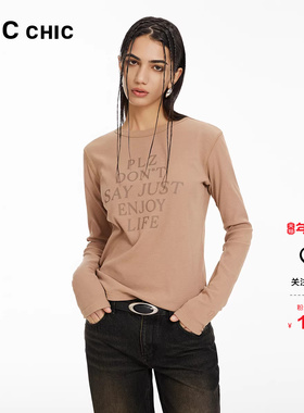 LINCCHIC金羽杰时装打底衫内搭圆领简约印字长袖T恤女上衣FK100Y