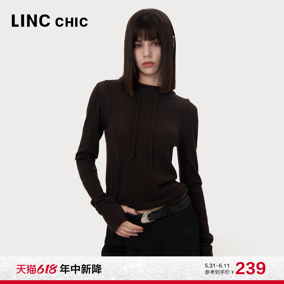 LINC金羽杰针织衫女绵羊毛修身连帽针织衫薄款内搭女帽衫SW587Y