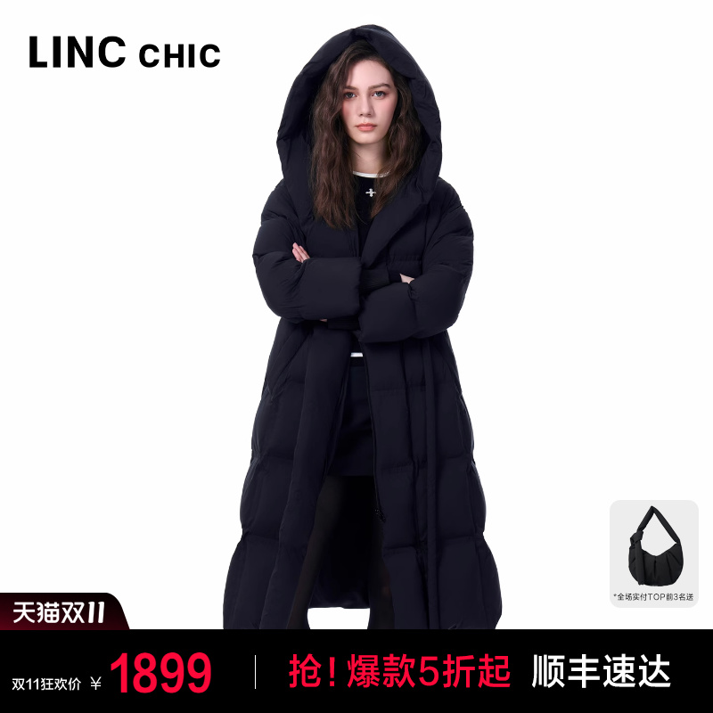 大衣围裹式连帽长款羽绒服