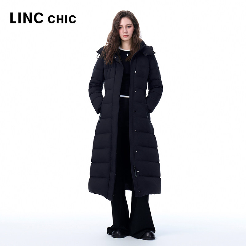 LINC金羽杰2025年冬季新款鹅绒服超长款收腰连帽羽绒服女8187G