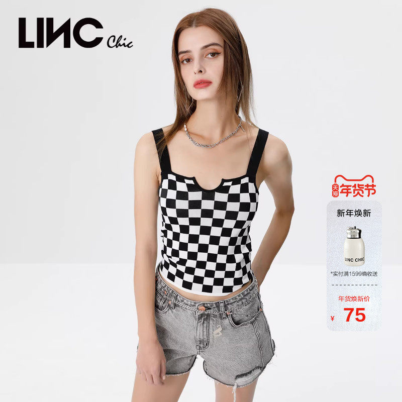 LINCCHIC金羽杰U领针织吊带棋盘格纹吊带背心女上衣S222SW629,女装/女士精品,背心吊带,淘宝优惠券,粉丝福利购,淘宝优惠卷