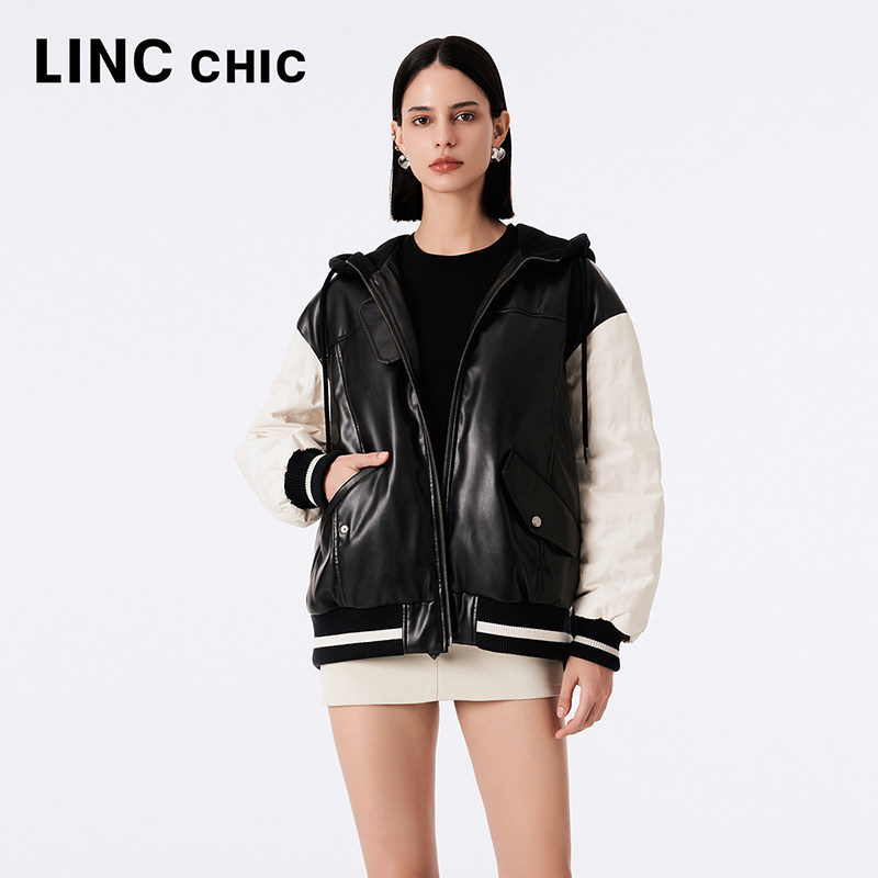 LINCCHIC金羽杰23年秋冬潮酷皮质拼接羽绒服机车夹克女Y23802019