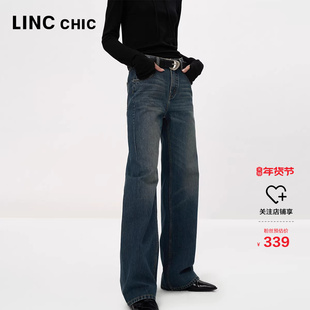 LINCCHIC金羽杰裤子女款高腰复古无侧缝直筒牛仔裤女S243JE498Y