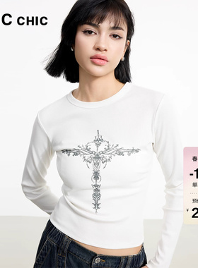 LINC金羽杰打底衫女春新款圆领印花修身长袖T恤女内搭上衣FK077YY