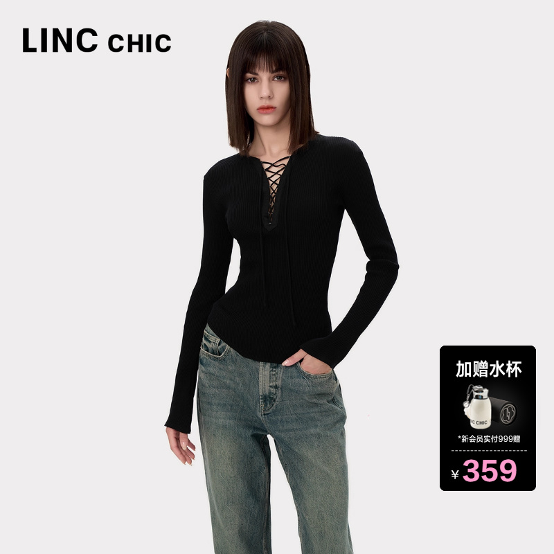 LINCCHIC金羽杰内搭打底衫女修身绑带设计针织衫女上衣S243SW532