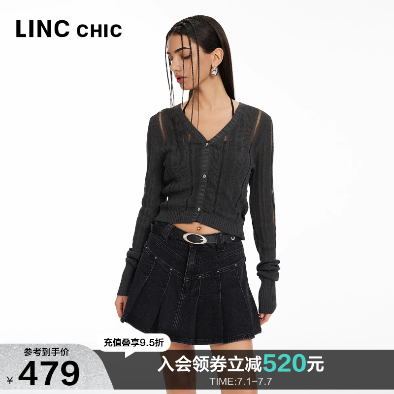 短款V领薄透针织开衫女